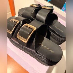 Madden Girl Black Platform Slide Sandals with Gold Buckles